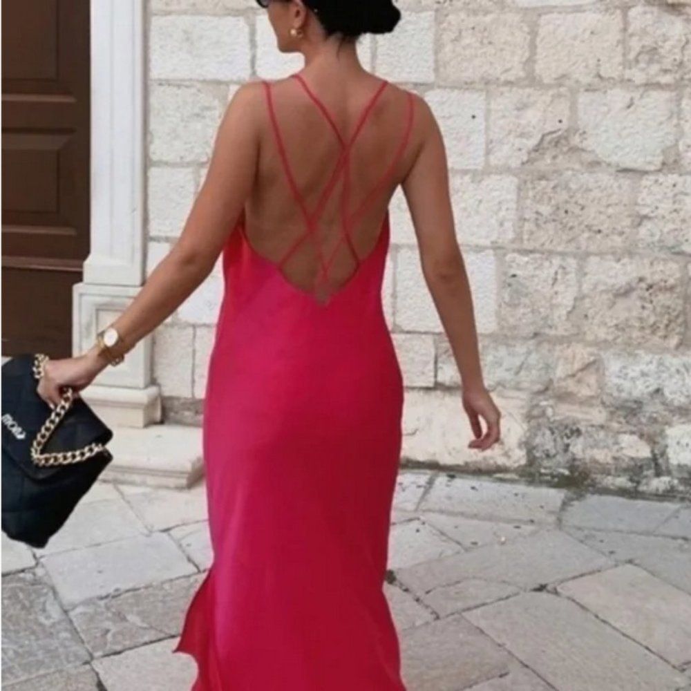 Zara Satin Slip Dress with Criss Cross Back Blogger Favorite in Pink - Picture 3 of 12